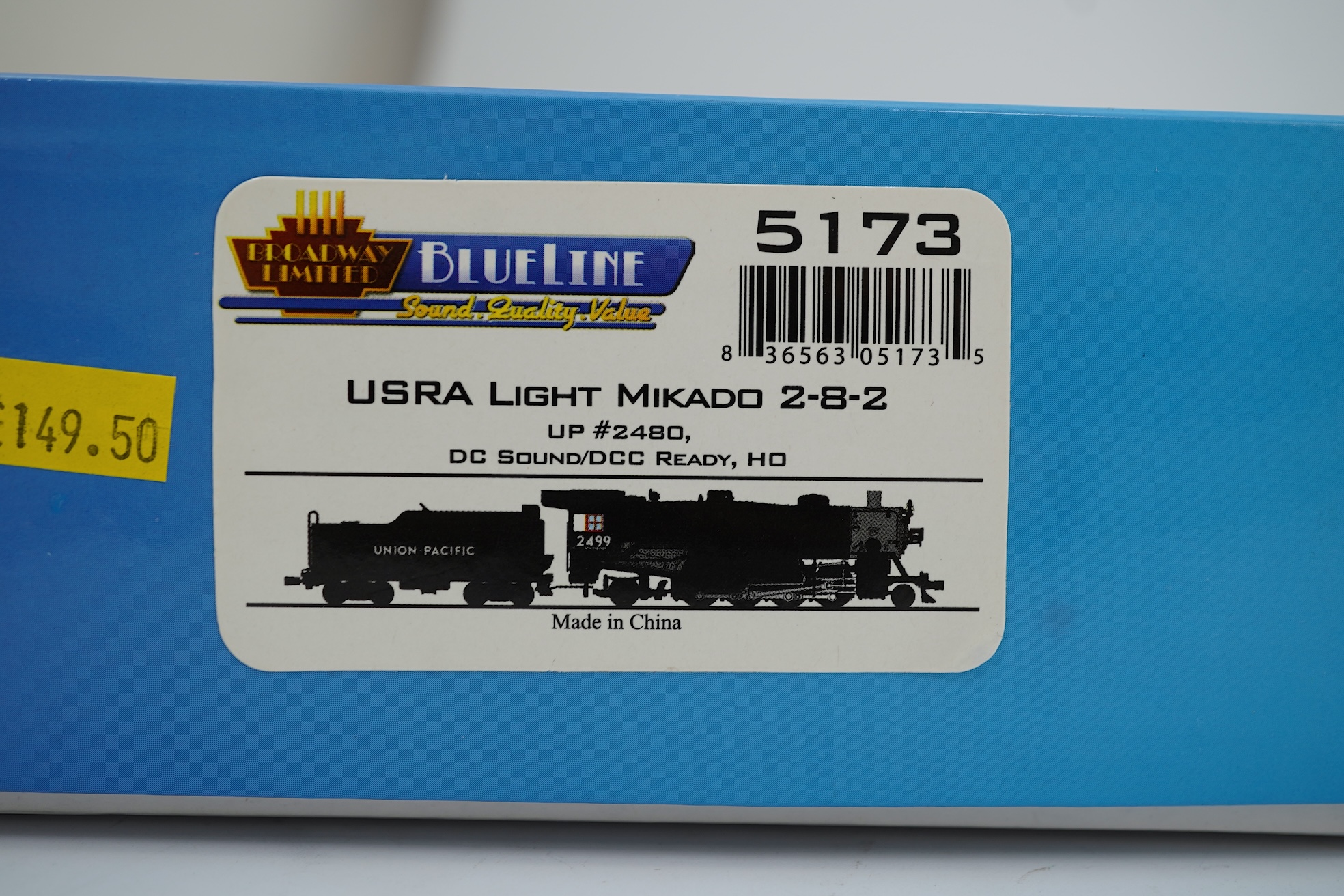 A boxed HO gauge Broadway Limited Blue Line (5173) model of Union Pacific USRA Light Mikado, 2480, 2-8-2 locomotive with bogie tender, powered for two rail operation.